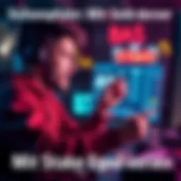 A gamer focused on a computer screen, excitedly tracking winnings from Stake, surrounded by cash and gaming gear.