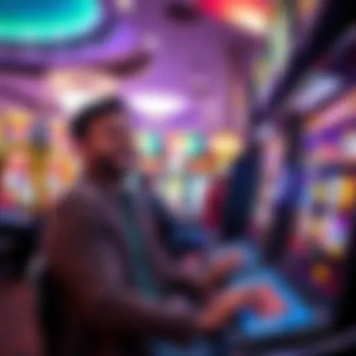 A smiling player playing a slot machine in a vibrant Atlantic City casino, aiming to reach Diamond status with Caesars Rewards.