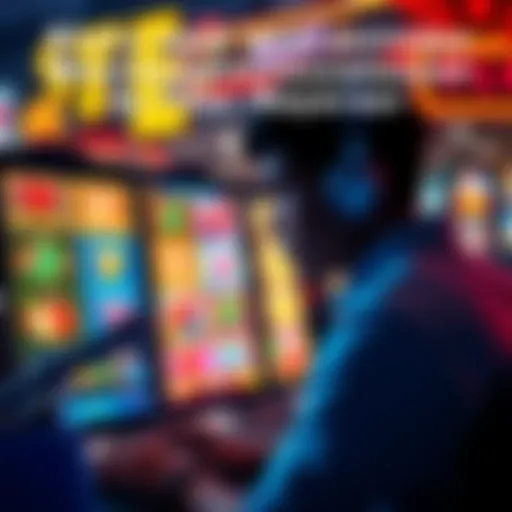 A person looking at a screen displaying various online slot games with bonus icons highlighted