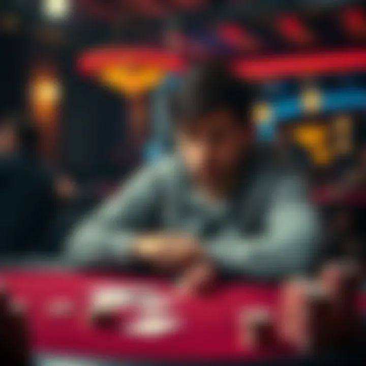 A tired poker player sitting at a table with cards and chips, looking stressed, reflecting on the mental challenges of the game.