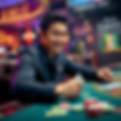 A person sitting at a casino table with poker chips and cards, looking hopeful and excited.