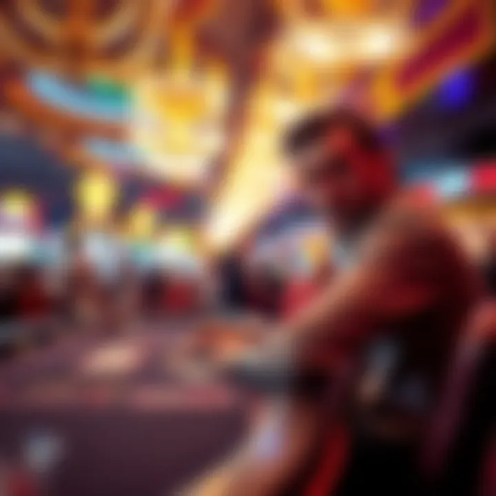 A high-stakes gambler looks unfazed as he places a large bet at a casino table in Las Vegas, surrounded by colorful lights and excitement.