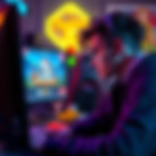 A thoughtful player looking at a computer screen with game graphics, contemplating game bonuses during a pause.