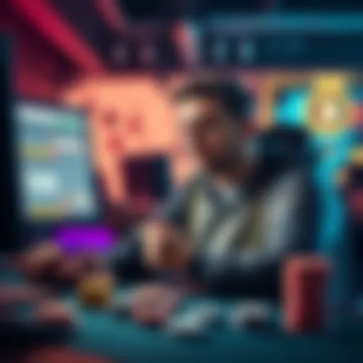 A concerned player sitting at his computer, looking for assistance with withdrawing funds from Coinpoker, surrounded by poker chips and a digital wallet interface.