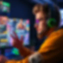 A gamer focused on the screen, celebrating a rank increase, with a vibrant gaming interface in the background