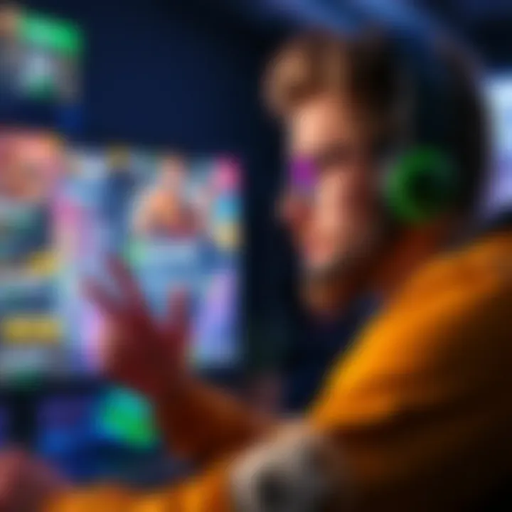 A gamer focused on the screen, celebrating a rank increase, with a vibrant gaming interface in the background