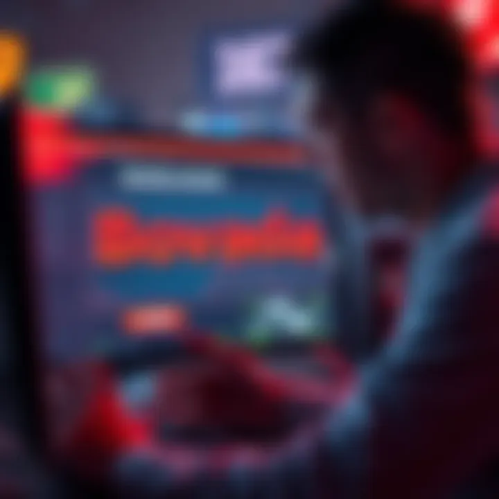 A distressed player looking at a computer screen showing a closed account message from Bovada, symbolizing frustration over the loss of funds.