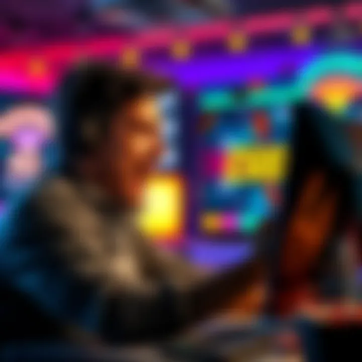 A player excitedly looking at his computer screen, showing winnings from an online casino, with symbols of money and casino games around.