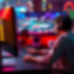 A person sitting at a computer looking stressed while playing online casino games with poker chips and cards visible on the screen