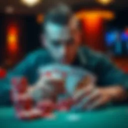 Player with Pocket Queens in Cash Game A player contemplating a decision in a $5/$5 cash game with Pocket Queens in hand, showing tension on their face and chips stacked in front of them.