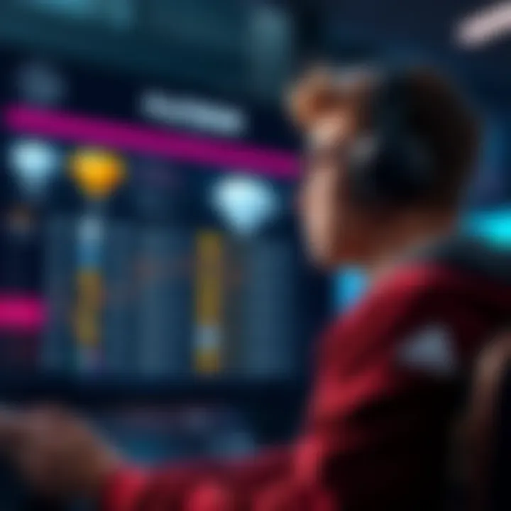 A gamer looking at ranking stats with Platinum and Diamond icons in the background