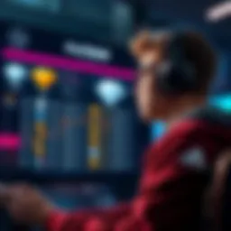 Player ranking up A gamer looking at ranking stats with Platinum and Diamond icons in the background