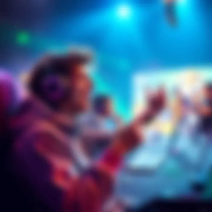 A gamer celebrating reaching Platinum 2 rank in a competitive game with friends in the background