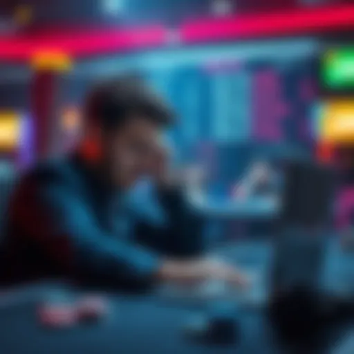 A person sitting at a table with a frustrated expression, looking at a laptop showing gambling stats, representing emotional struggle in gambling community