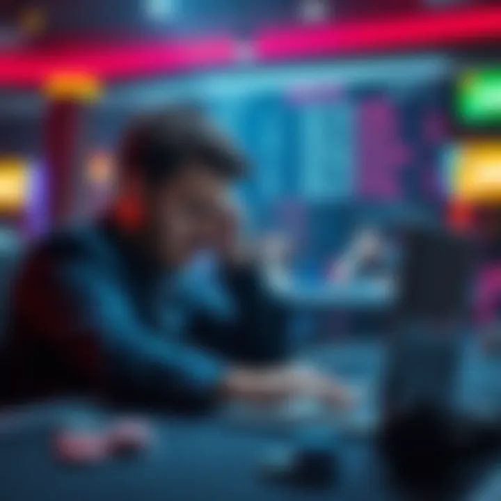 A person sitting at a table with a frustrated expression, looking at a laptop showing gambling stats, representing emotional struggle in gambling community