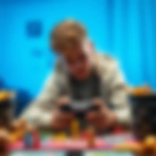 A gamer sitting at a table, looking frustrated while holding a game controller, surrounded by game pieces and snacks, showing signs of a losing streak.