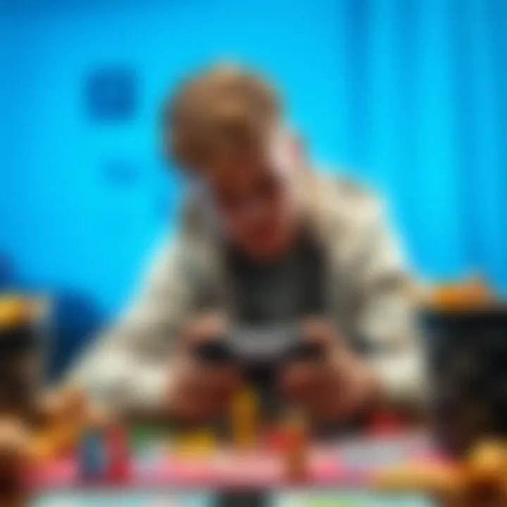 A gamer sitting at a table, looking frustrated while holding a game controller, surrounded by game pieces and snacks, showing signs of a losing streak.