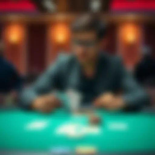 A player sitting at a poker table, looking thoughtful with cards in hand, pondering chances of hitting a Royal Flush after three years of gameplay.
