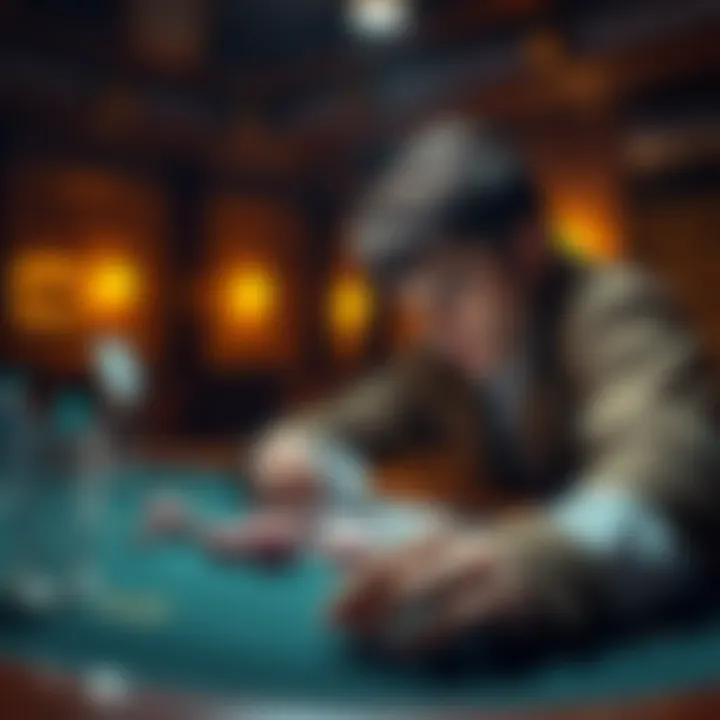 A person sitting at a table looking at cards and chips, deep in thought about their betting decision