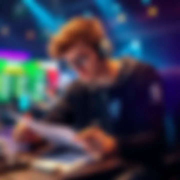 A player analyzing strategies for GGMasters tournament success with notes and a laptop