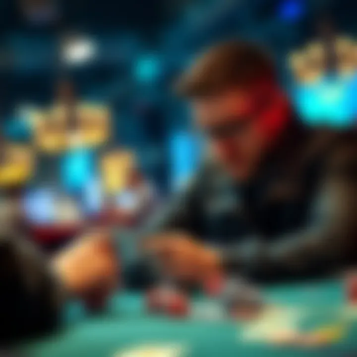 A focused player analyzing cards and chips at a poker table, contemplating their next move without knowledge of the opponent's strategy