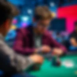 A focused player at a poker table analyzing cards during a tournament, looking for strategies to win.