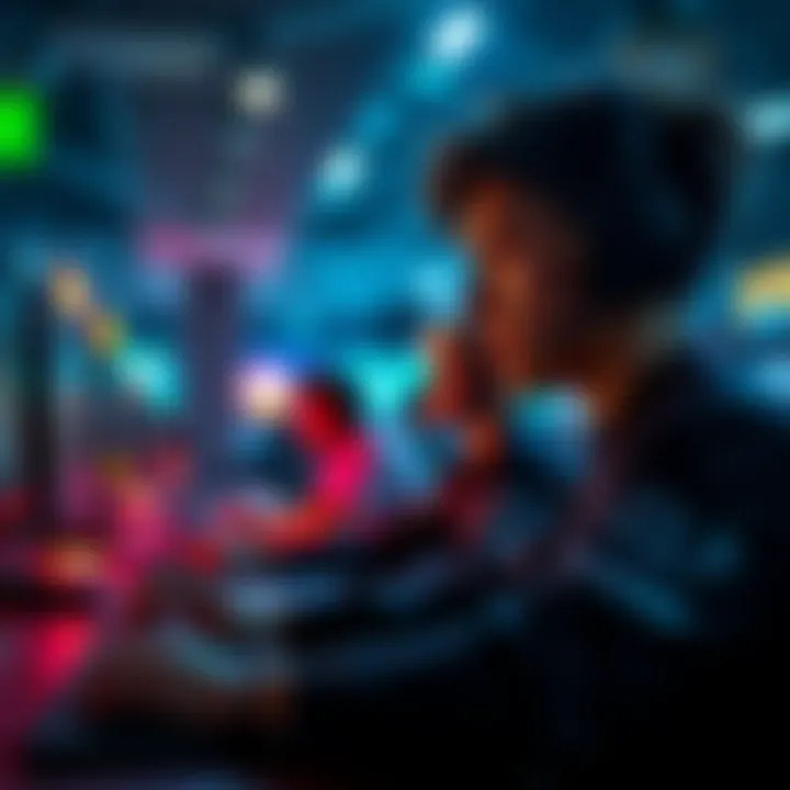 A gamer intensely analyzing strategies for a competitive game setting