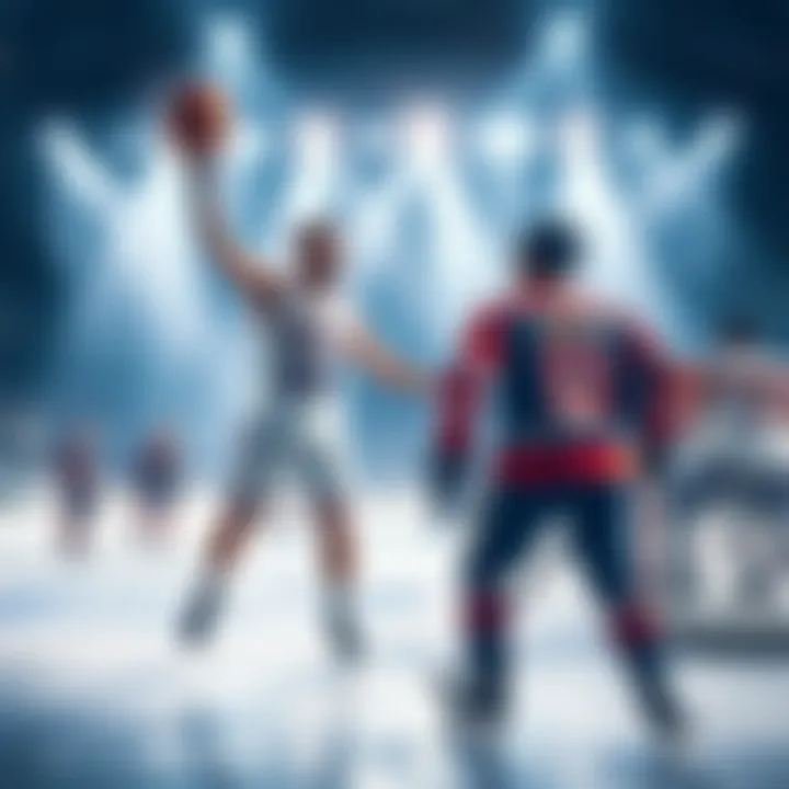 A basketball player celebrating a streak with teammates on the court while a hockey player looks on from the ice, representing teamwork and sports performance.