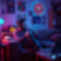 A gamer sitting on a couch, looking thoughtful while holding a game controller, surrounded by gaming memorabilia.