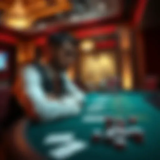 A focused player sitting at a Blackjack table in a casino, planning their strategy with chips and cards on the table, looking determined to improve their game while avoiding attention.