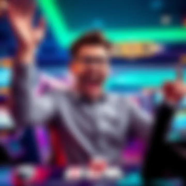 Player celebrating a Video Poker win A player celebrates winning a jackpot at a Video Poker machine, showing excitement and joy.