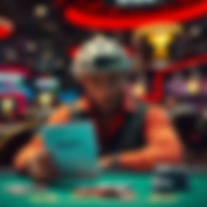 A frustrated player holding a piece of paper labeled Visa problems, looking at a poker table with WSOP branding in the background.