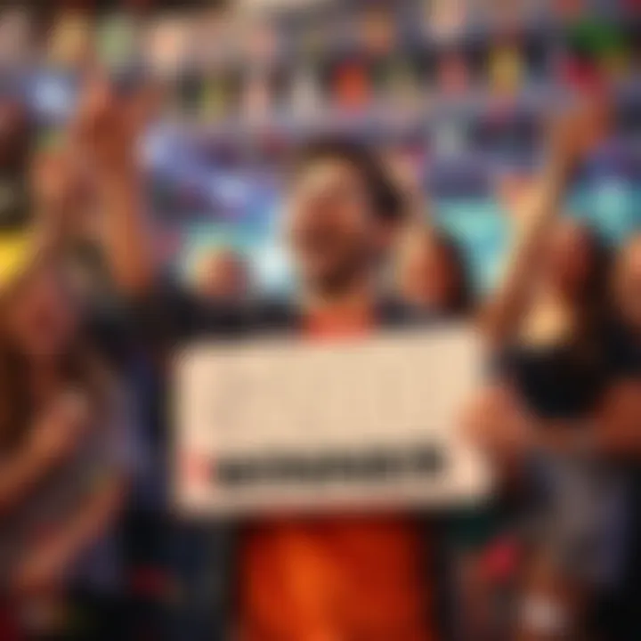 A happy player holding a sign with $200, surrounded by confetti and cheering friends.