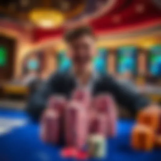 A person celebrating a big win at a blackjack table, showing chips stacked high, with a joyful expression.