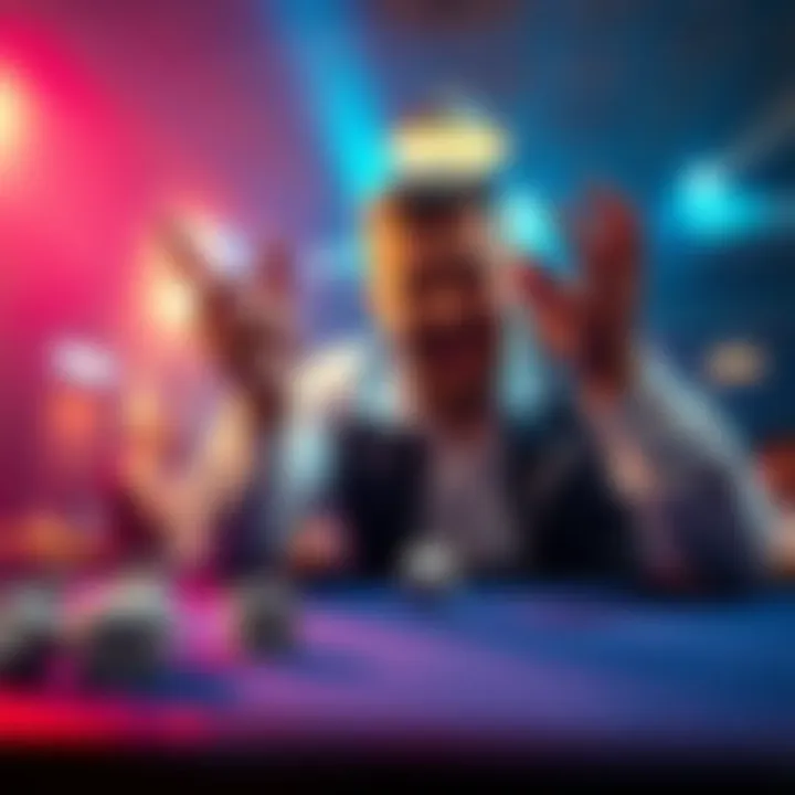 A man throws dice at a table, celebrating continuous wins without rolling a seven.