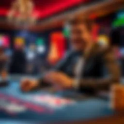 Player winning at Gravity Blackjack A player sitting at a blackjack table celebrating a win with chips and a smile while using a free dollar credit