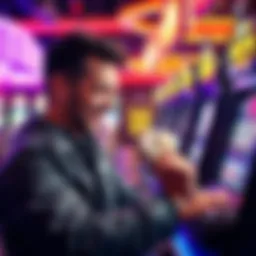 A player at a video poker machine celebrating while counting cash winnings