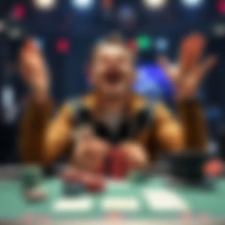 A player celebrating after winning two poker pots with a seven high flush in a tournament