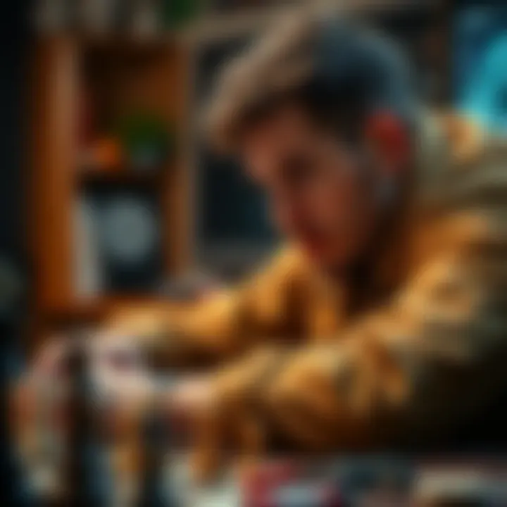 A focused player analyzing game moves with a thoughtful expression, surrounded by gaming materials.