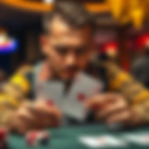 A player with a focused expression examines their cards during a small stakes live tournament, holding two aces and considering their next move against a known opponent.