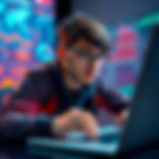 A focused player reviewing their game statistics on a laptop, looking at charts and graphs that show progress, with a thoughtful expression.