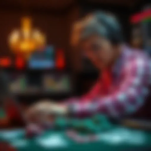 A focused player studying poker stats on a laptop, surrounded by cards and chips