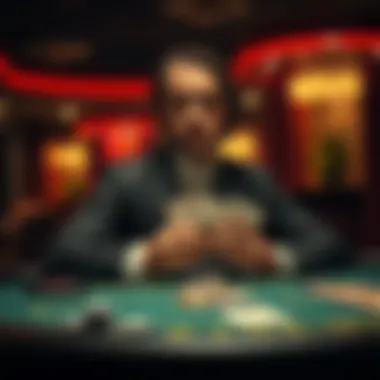 Player at Blackjack Table A person sitting at a blackjack table, looking anxious while holding cards, with chips in front of them