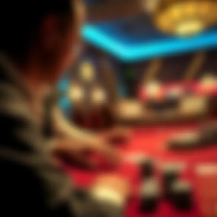 A concerned player observes a dealer at a casino table, with cards and chips in view, looking for signs of cheating.