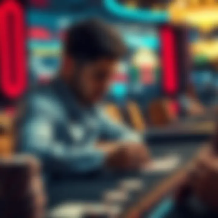 A person playing blackjack at a casino, looking frustrated while reviewing cards, with chips scattered on the table.