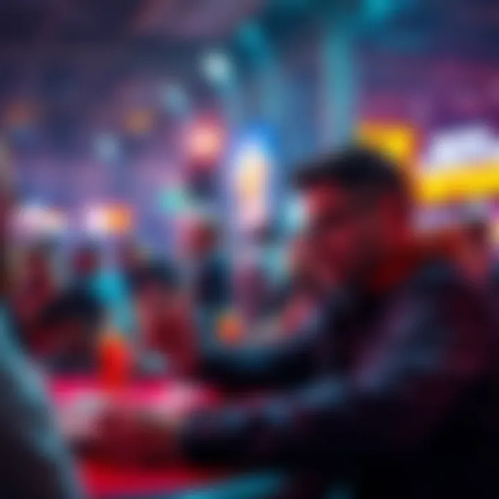 A player at microFestival focused on a card game, trying to increase their budget while keeping their cards hidden, surrounded by a lively crowd.