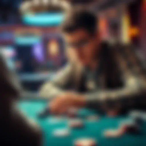 A focused player at a poker table with cards and chips, pondering their next move, representing the debate of human versus bot.