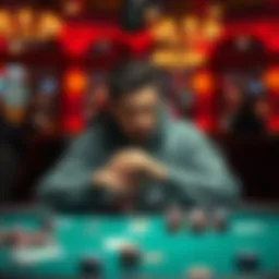 A focused player sitting at a poker table, surrounded by chips and cards, analyzing strategies for high hands in Rush & Cash.