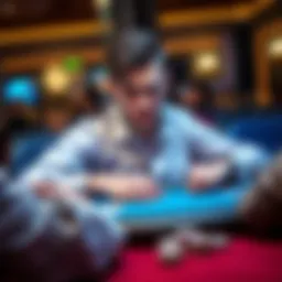 A person playing poker at a table, focused on their cards with chips in front of them.