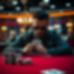 A focused player sitting at a poker table, strategizing while playing cards, with poker chips stacked beside them.